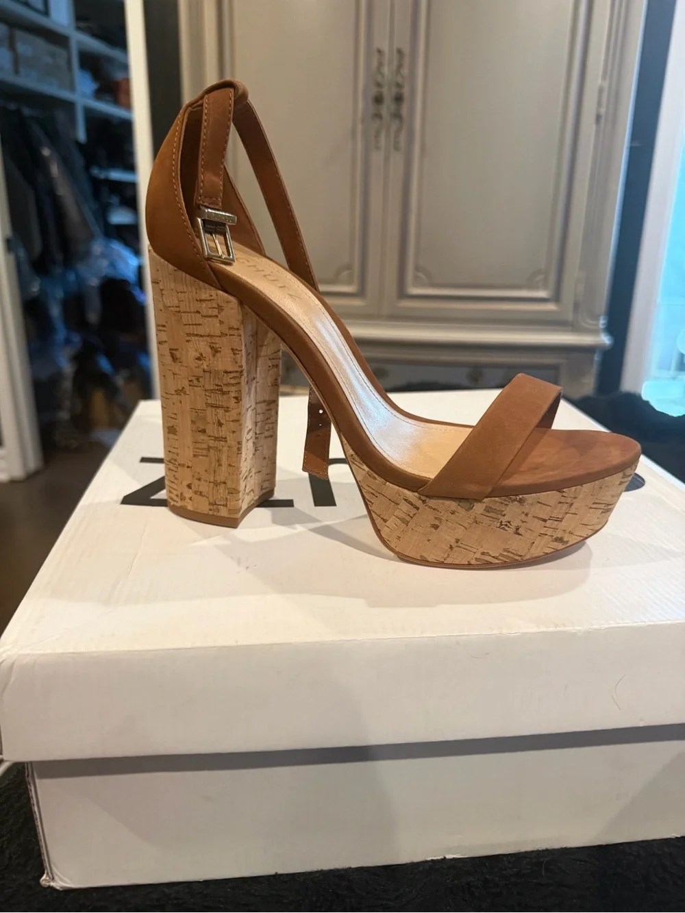 BNIB Schutz Brown Nubuck Cork Platform Ankle-Strap Sandals, size 8